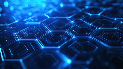Obraz premium Abstract technology background featuring a complex network of hexagons and digital lines, with a vibrant blue color scheme