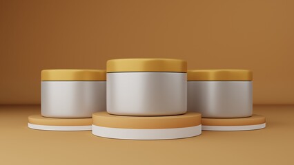 3d rendering of cosmetic cream jar on podium in orange studio background