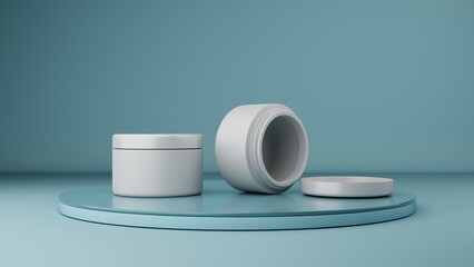 3d rendering of a white cosmetic jar on a blue background.