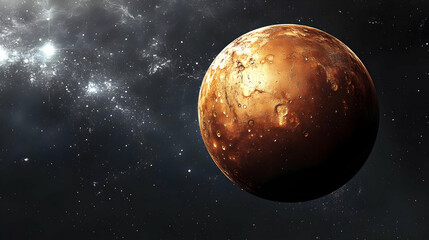 Obraz premium A close-up of a rusty, cratered planet in space, illuminated by distant stars.