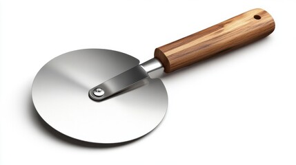 Fototapeta premium A pizza cutter with a wooden handle, culinary tool, realistic style, durable and sharp, isolated on white background