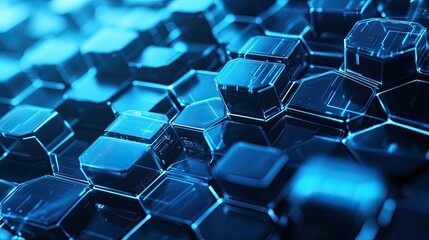 Obraz premium Abstract technology design featuring layered hexagonal shapes, vibrant blue tones, and futuristic digital lines, perfect for a high-tech theme