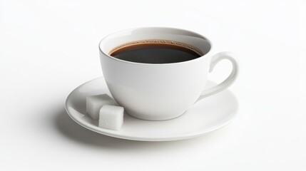 A coffee cup with a saucer and sugar cubes, coffee element, 3D illustration, classic and elegant, isolated on white background