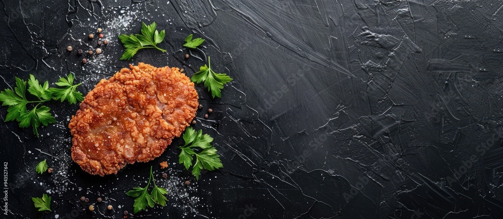 Poster top view of a viennese veal escalope a schnitzel steak on a black background with ample copy space i