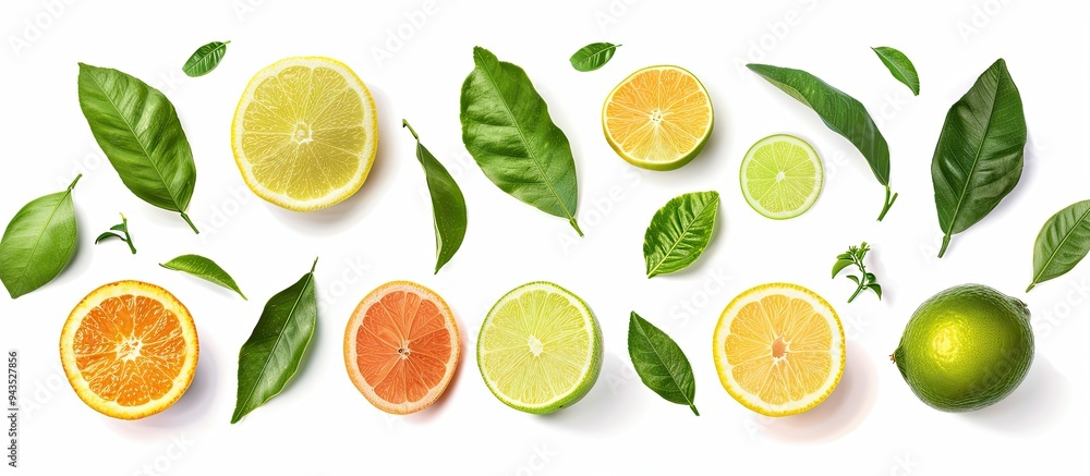 Aufkleber set of green leaves from various citrus fruits isolated on a white background with copy space image