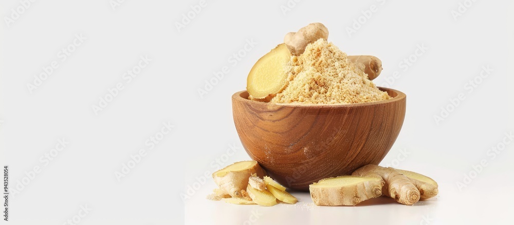 Leinwandbilder slices of ginger root and powdered ginger presented in a wooden bowl against a white backdrop with a