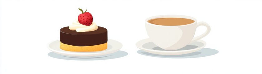 A coffee cup with a dessert plate, dessert element, flat design, minimalist style, isolated on white background