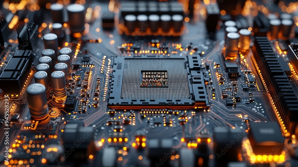 Poster close up of computer motherboard with cpu socket