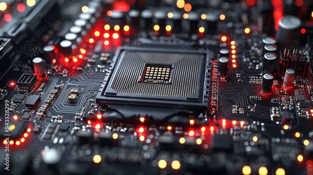 Poster close up of computer motherboard with cpu socket and red leds