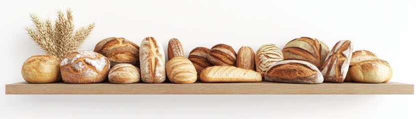 A bakery shelf with assorted bread, bakery element, 3D rendering, rustic and inviting, isolated on white background