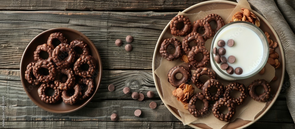 Aufkleber Chocolate and corn cereal rings on a plate with milk set against a wooden rustic backdrop offering a blank space for images. Creative banner. Copyspace image