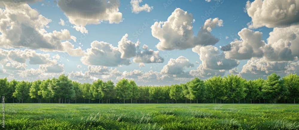 Poster Scenic view of a grassy field with a cluster of trees and fluffy cumulus clouds in the sky ideal for a copy space image
