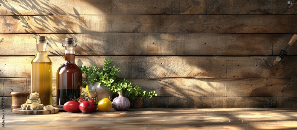 Aufkleber wooden table displaying balsamic vinegar bottle oil and various products with space for text near th