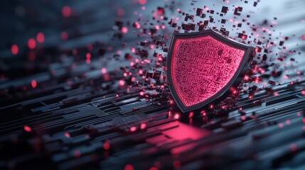 A digital shield with glowing circuits protecting a data server from cyber threats, with AI algorithms represented as dynamic lines and code snippets.