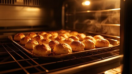 An oven door slightly ajar, revealing a tray of profiteroles rising to a golden perfection, capturing the essence of homemade baking at its finest