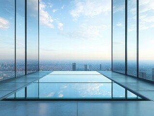 Transparent podium elevated on a glass floor, boasting a breathtaking view of the cityscape below, enhancing the feeling of openness with designated space for text on the right