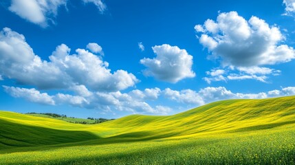 Fototapeta premium Stunning landscape of vibrant green and yellow hills under a bright blue sky with fluffy clouds