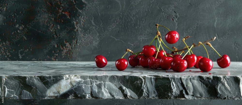 Poster gray stone table with cherries copy space image