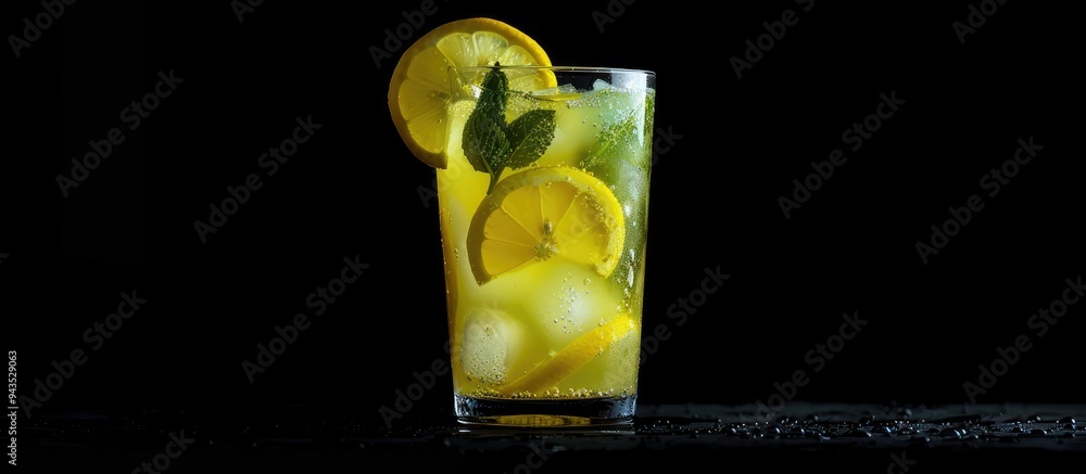 Poster summer lemonade made with lemon mint and ice set against a black background with available copy spac