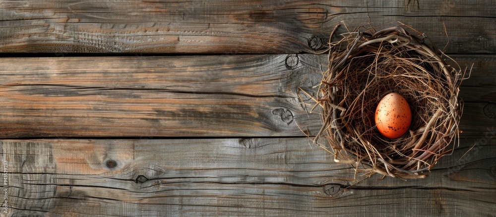 Poster wooden background with an egg in a nest perfect for easter celebrations includes copy space image