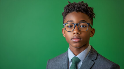 Young businessman wearing glasses and a suit is posing on a green background