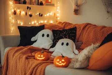 A cute Halloween living room with plush ghost pillows, orange and black throw blankets, a garland of mini pumpkins, and glowing fairy lights, creating a cozy and festive atmosphere