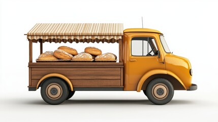 Fototapeta premium A bakery truck with fresh bread delivery, vehicle element, 3D rendering, classic design, isolated on white background