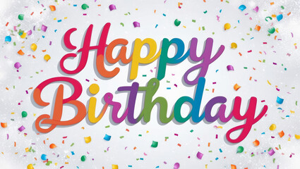 Rainbow Text "Happy birthday" on festive background with fallen shining confetti. AI