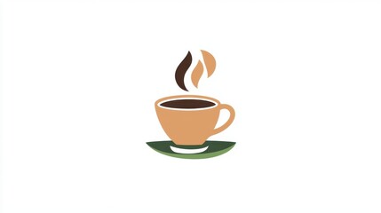 Fototapeta premium A coffee shop logo with a steaming cup, branding element, flat design, modern and clean, isolated on white background