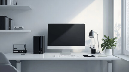 Modern workspace with a desktop computer and gadgets
