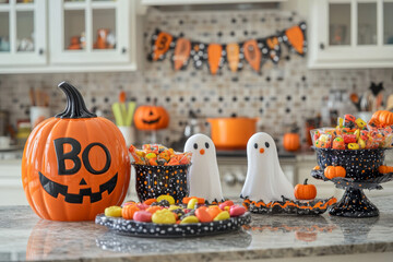 A delightful Halloween kitchen setup featuring pumpkin-shaped cookie jars, ghost-themed dish towels, candy-filled bowls, and a banner reading 'Boo' in playful, colorful letters