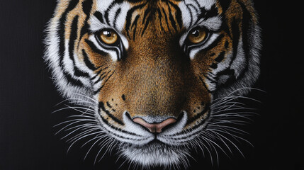 A tiger's face is drawn on a black background