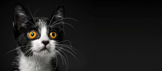 Surprised black and white cat with striking yellow eyes staring into the distance against a copy space image 108 characters