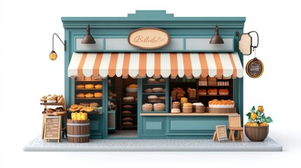 A bakery storefront with signage, architectural element, 3D rendering, charming design, isolated on white background