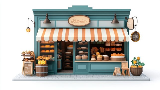 A bakery storefront with signage, architectural element, 3D rendering, charming design, isolated on white background