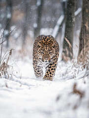 Obraz premium endangered Amur leopard walking gracefully through a snowy forest, its thick fur camouflaging it against the winter landscape