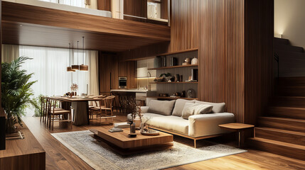 A 3D rendering of a two-story wooden home living room featuring a sofa, coffee table on a carpet, dining table with chairs, and a shelf with decorations, including a mock-up empty wall partition.