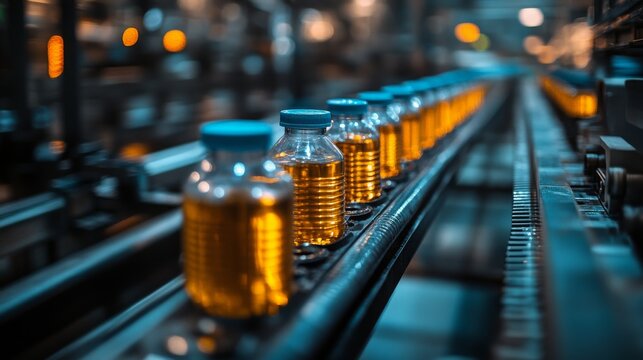 A production line showcases bottles being filled and prepared using biodegradable materials in a factory setting.