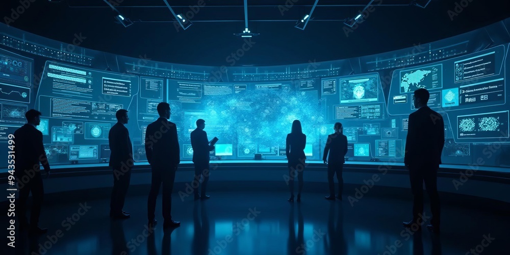 Poster cybersecurity command center: silhouettes monitoring advanced digital displays in futuristic control