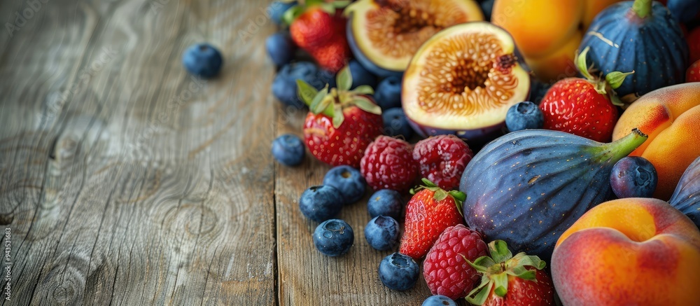 Poster Close up view of fresh fruits like figs peaches apricots blueberries and strawberries arranged on a wooden surface with ample space for text or graphics in the image