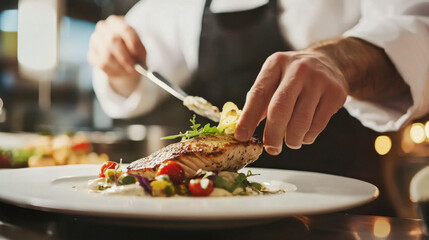 Professional chef plating a gourmet dish