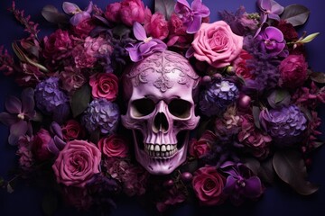 Obraz premium Purple Skull Surrounded by Flowers - Still Life Photography