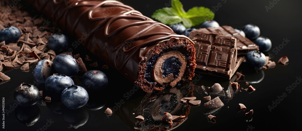 Poster Chocolate roll cake with blueberries and a broken black chocolate bar on a reflective black surface perfect for adding text or images in the empty area. Creative banner. Copyspace image