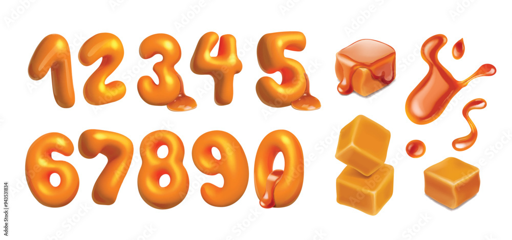 Fototapete realistic caramel candy, liquid caramel syrup and cartoon font numbers. sweet typescript. dessert nu