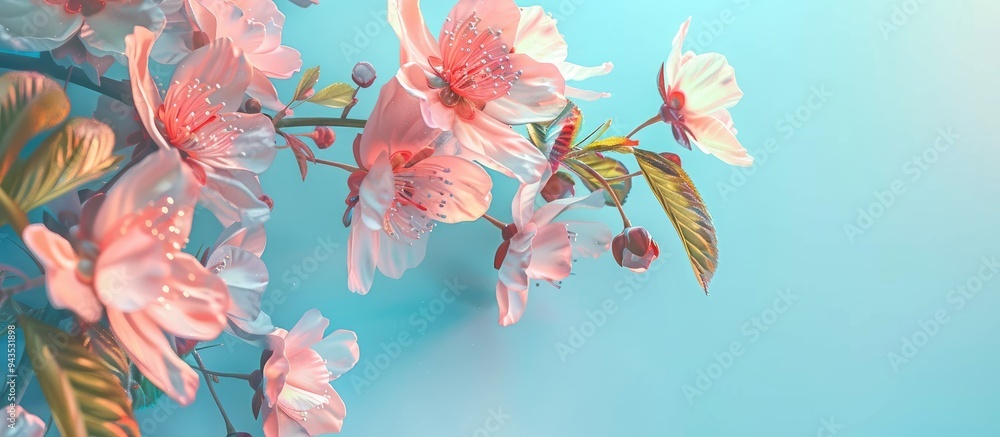 Poster floral spring blooms set against a serene blue backdrop with space for adding images. creative banne