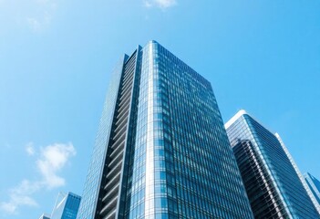 Office building glass and city skyline, ai