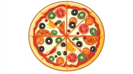 A pizza with various toppings, food element, flat design, vibrant and appetizing, isolated on white background