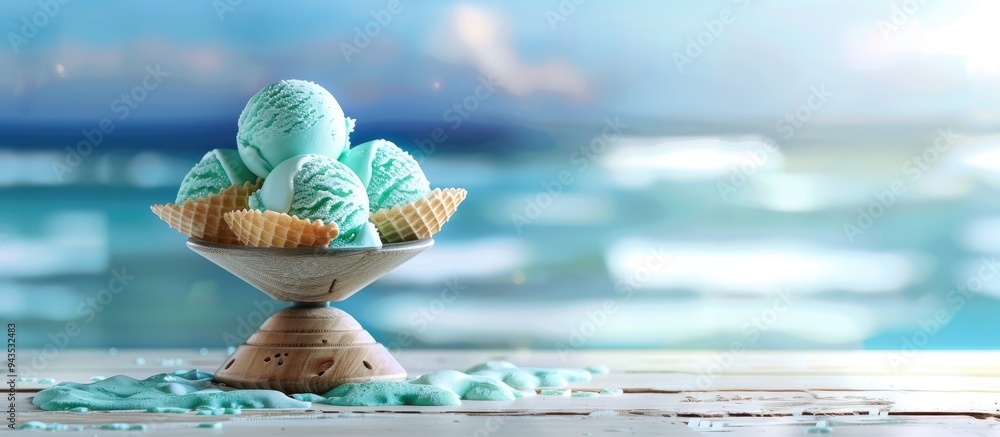 Poster Mint ice cream in wafers displayed on a wooden stand on a table with a blurry sea backdrop in shades of blue Perfect for product advertising with copy space image