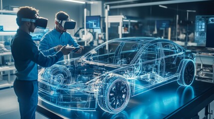 Team of automotive engineers collaborating on electric car prototype in virtual reality lab