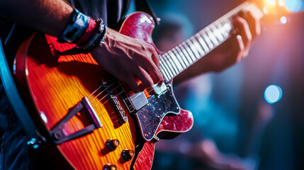 Professional musician playing the guitar on stage